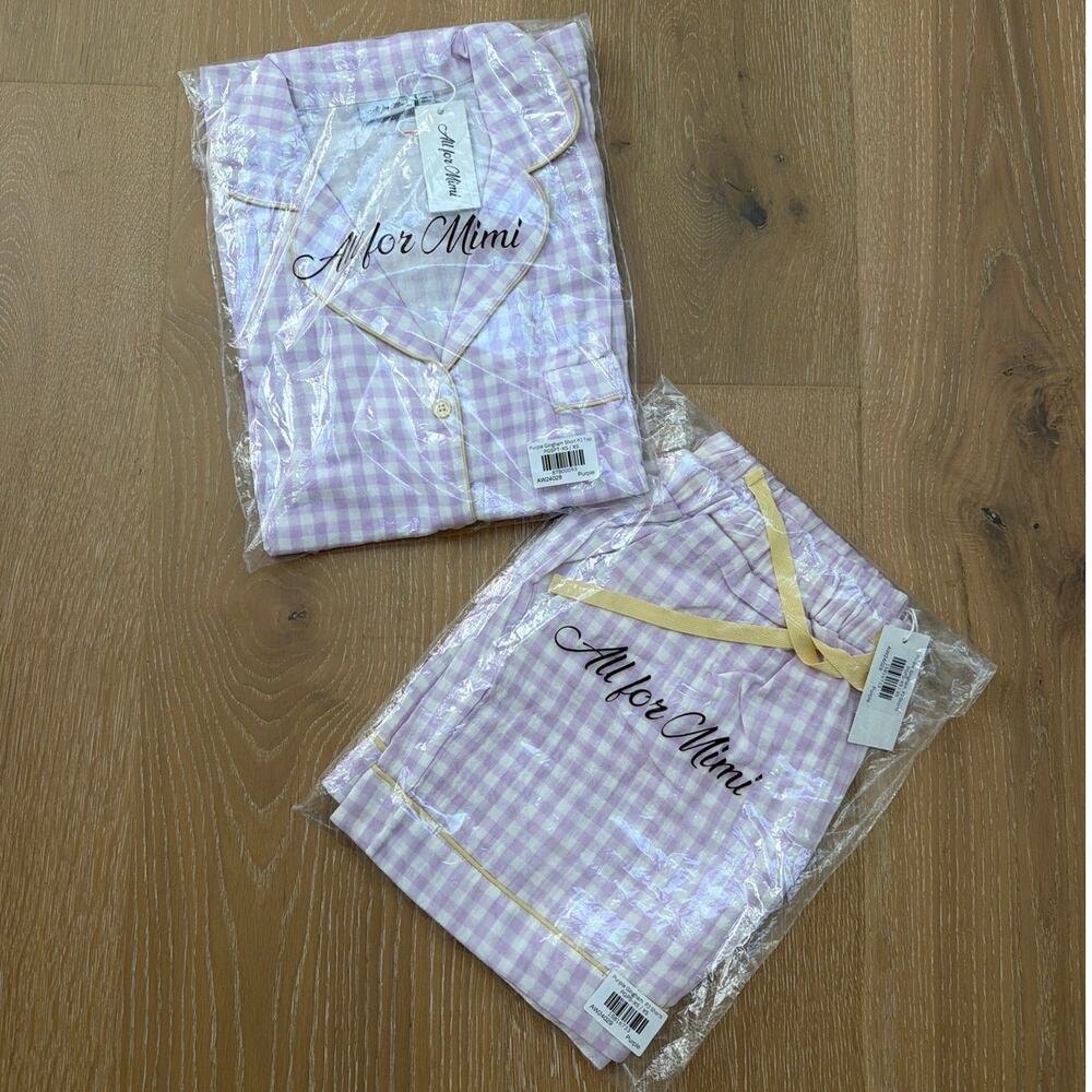 All For Mimi PJ Shorts Set Gingham Size XS Lilac White Lemon